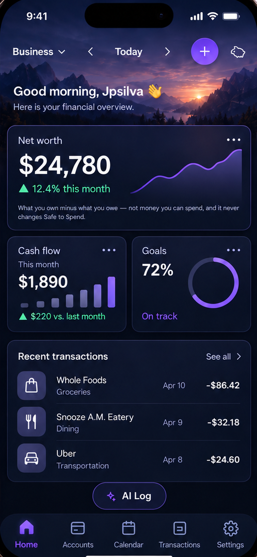 Behold app — Deep navy-purple dashboard
